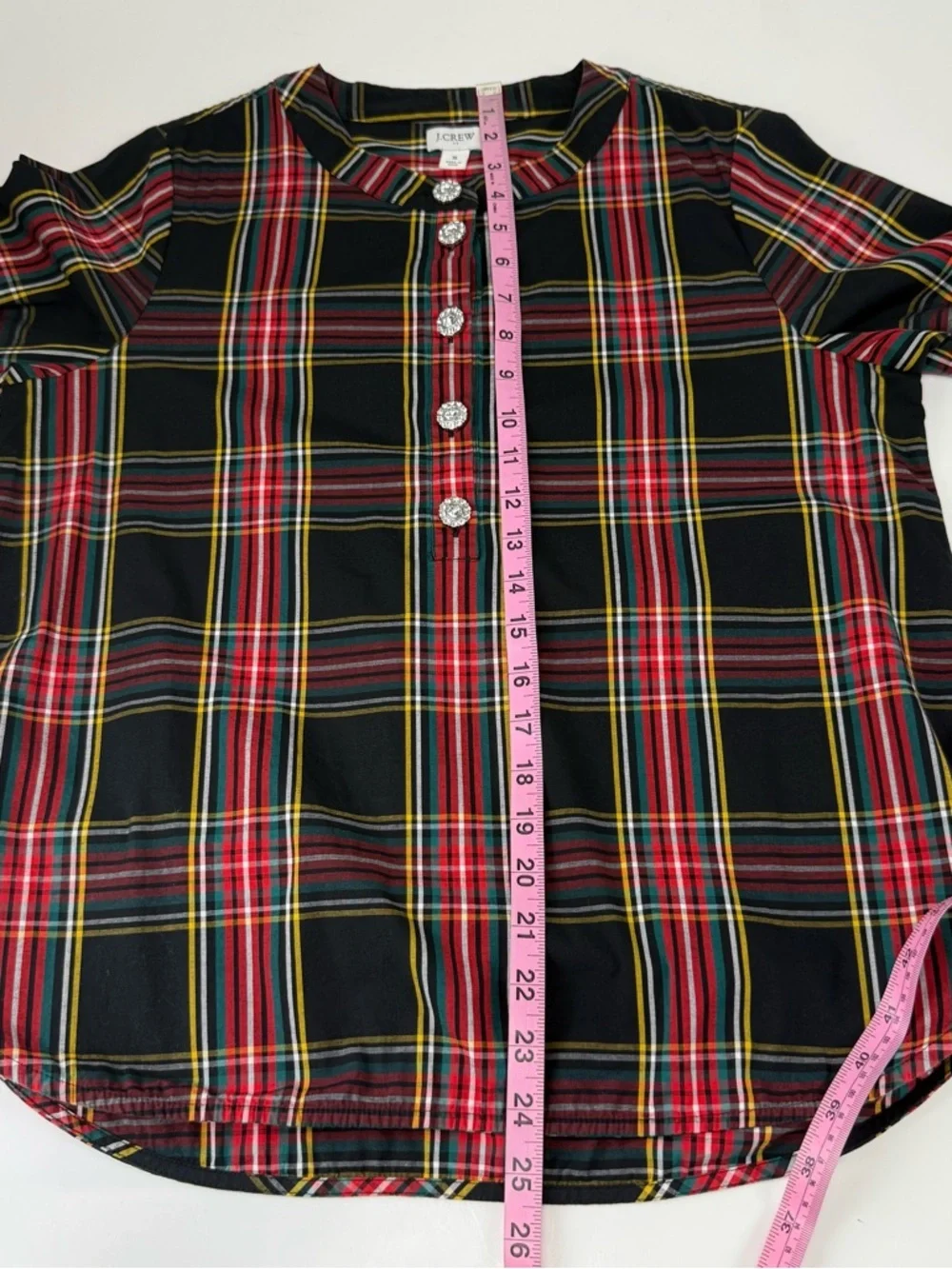 J Crew Plaid Popover Shirt Womens Small Multicolor Plaid Rhinestone Buttons